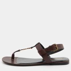 Saint Laurent Brown Leather Cassandre Flat Thong Sandals Size 43