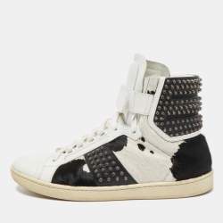 Saint Laurent Black/White Leather and Calf Hair Studded High Top Sneakers Size 41