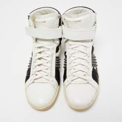 Saint Laurent Black/White Leather and Calf Hair Studded High Top Sneakers Size 41