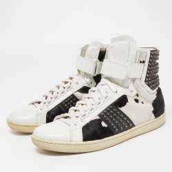 Saint Laurent Black/White Leather and Calf Hair Studded High Top Sneakers Size 41