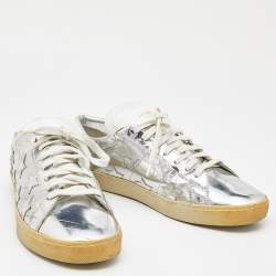 Pre Owned Saint Laurent Silver Leather Low Top Sneakers Size 42