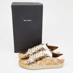 Pre Owned Saint Laurent Gold/White Leather Low Top Sneakers Size 42