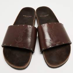 Saint Laurent Brown Leather Joan Slides Size 43