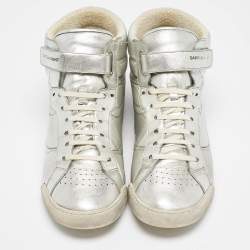 Saint Laurent Silver Foil Leather Perforated High Top Sneakers Size 43.5