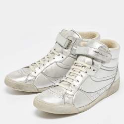 Saint Laurent Silver Foil Leather Perforated High Top Sneakers Size 43.5