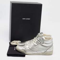 Saint Laurent Silver Foil Leather Perforated High Top Sneakers Size 43.5