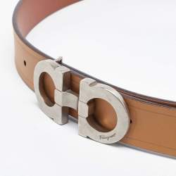 Pre Owned Salvatore Ferragamo Tan/Brown Leather Gancini Reversible Belt 85CM