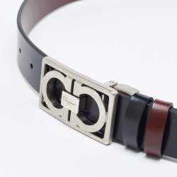 Pre Owned Salvatore Ferragamo Black/Dark Brown Leather Gancini Cut to Size Reversible Belt