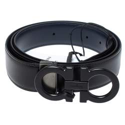 Pre Owned Salvatore Ferragamo Black/Navy Blue Leather Gancini Buckle Belt Size 115CM