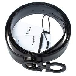 Pre Owned Salvatore Ferragamo Black/Navy Blue Leather Gancini Buckle Belt Size 115CM