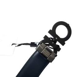Pre Owned Salvatore Ferragamo Black/Navy Blue Leather Gancini Buckle Belt Size 115CM