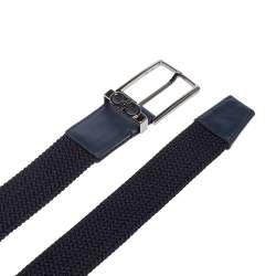 Pre Owned Salvatore Ferragamo Navy Blue Braided Fabric and Lather Gancini Buckle Belt 85CM