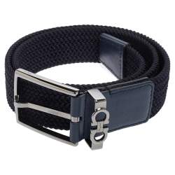 Pre Owned Salvatore Ferragamo Navy Blue Braided Fabric and Lather Gancini Buckle Belt 85CM