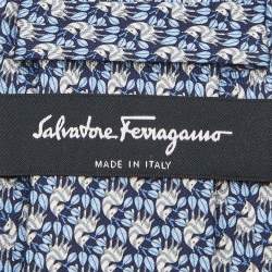 Pre Owned Salvatore Ferragamo Blue Print Silk Tie and Pocket Sqaure