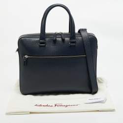 Pre Owned Salvatore Ferragamo Navy Blue Leather Zip Briefcase Bag