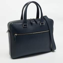 Pre Owned Salvatore Ferragamo Navy Blue Leather Zip Briefcase Bag