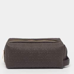 مملوكة مسبقًا Salvatore Ferragamo Dopp Kit Dark Brown Monogram Embossed Leather Pouch