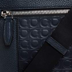 Salvatore Ferragamo Navy Blue Gancio Embossed Leather Messenger Bag