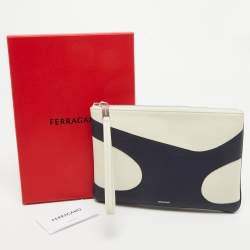 Salvatore Ferragamo Blue/Off White Leather Wristlet Pouch