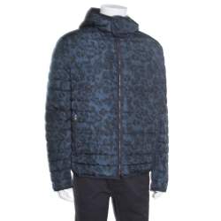 Pre Owned Salvatore Ferragamo Blue Camo Print Hooded Zip Front Quilted Down Jacket XL