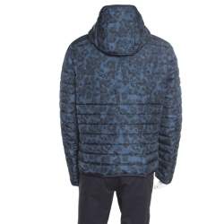 Pre Owned Salvatore Ferragamo Blue Camo Print Hooded Zip Front Quilted Down Jacket XL