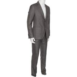 Pre Owned Salvatore Ferragamo Grey Micro Checked Wool Single Breasted Suit M