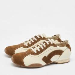 Salvatore Ferragamo Brown/Cream Suede and Fabric Low Top Sneakers Size 41.5