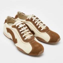 Salvatore Ferragamo Brown/Cream Suede and Fabric Low Top Sneakers Size 41.5