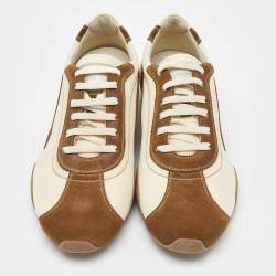 Salvatore Ferragamo Brown/Cream Suede and Fabric Low Top Sneakers Size 41.5