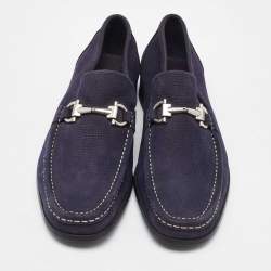 Pre Owned Salvatore Ferragamo Navy Blue Nubuck Leather Gancini Loafers Size 41.5