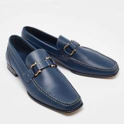 Pre Owned Salvatore Ferragamo Blue Leather Gancini Loafers Size 41.5