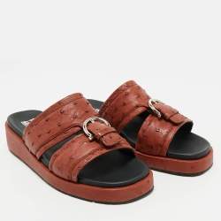 Salvatore Ferragamo Brown Ostrich Lutfi Platform Slides Size 40.5