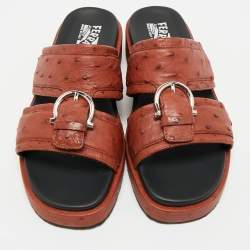 Salvatore Ferragamo Brown Ostrich Lutfi Platform Slides Size 40.5