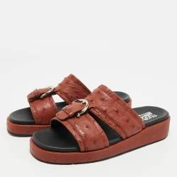Salvatore Ferragamo Brown Ostrich Lutfi Platform Slides Size 40.5