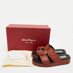 Salvatore Ferragamo Brown Ostrich Lutfi Platform Slides Size 40.5