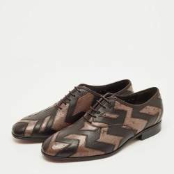 Pre Owned Salvatore Ferragamo Brown Ostrich and Leather Gris Oxfords Size 41