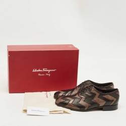 Pre Owned Salvatore Ferragamo Brown Ostrich and Leather Gris Oxfords Size 41
