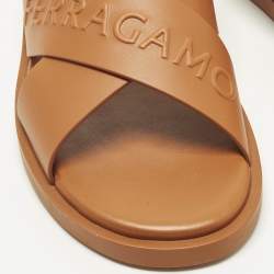 Pre Owned Salvatore Ferragamo Size 44 Brown Leather Crisscross Flat Slides