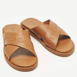 Pre Owned Salvatore Ferragamo Size 44 Brown Leather Crisscross Flat Slides