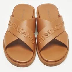 Pre Owned Salvatore Ferragamo Size 44 Brown Leather Crisscross Flat Slides