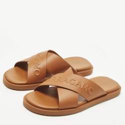 Pre Owned Salvatore Ferragamo Size 44 Brown Leather Crisscross Flat Slides