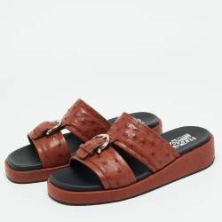 Pre Owned Salvatore Ferragamo Lufti Size 41 Brown Ostrich Leather Flat Sandals
