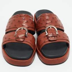 Pre Owned Salvatore Ferragamo Lufti Size 41 Brown Ostrich Leather Flat Sandals