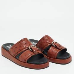Pre Owned Salvatore Ferragamo Lufti Size 41 Brown Ostrich Leather Flat Sandals