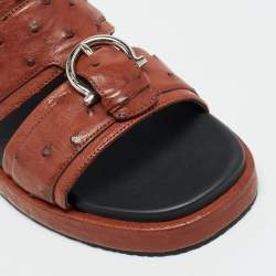 Pre Owned Salvatore Ferragamo Lufti Size 41 Brown Ostrich Leather Flat Sandals