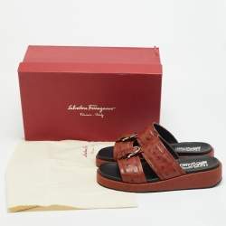 Pre Owned Salvatore Ferragamo Lufti Size 41 Brown Ostrich Leather Flat Sandals