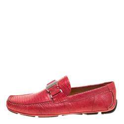 Pre Owned Salvatore Ferragamo Coral Red Lizard Sardegna Loafers Size 41.5