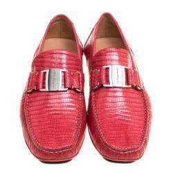 Pre Owned Salvatore Ferragamo Coral Red Lizard Sardegna Loafers Size 41.5