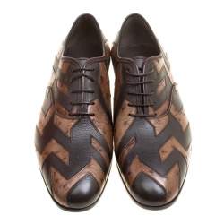 Pre Owned Salvatore Ferragamo Two Tone Brown Ostrich and Calf Leather Gris Oxfords Size 43.5