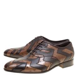 Pre Owned Salvatore Ferragamo Two Tone Brown Ostrich and Calf Leather Gris Oxfords Size 43.5